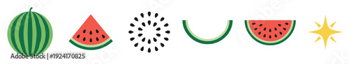 Set of watermelon vector illustrations including a whole fruit, triangular and semi-circular slices, seeds, rind, and a sun icon in a flat, minimalist graphic design style
