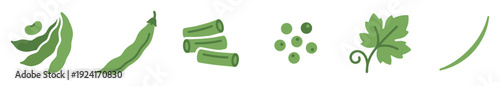 Set of green bean and pea icons showing various forms like whole pods, chopped pieces, shelled peas, and a plant leaf in a simple, flat vector illustration style