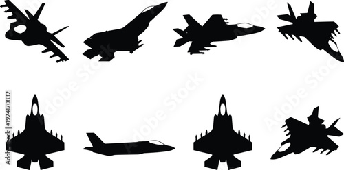 Set of military fighter jet silhouettes in different angles, collection of combat aircraft isolated on white background, air force aviation and defense concept