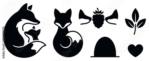 Set of black woodland animal icons featuring a mother fox with her cub, a sitting fox, a raspberry, a leaf sprig, a den, and a heart in a simple graphic silhouette style