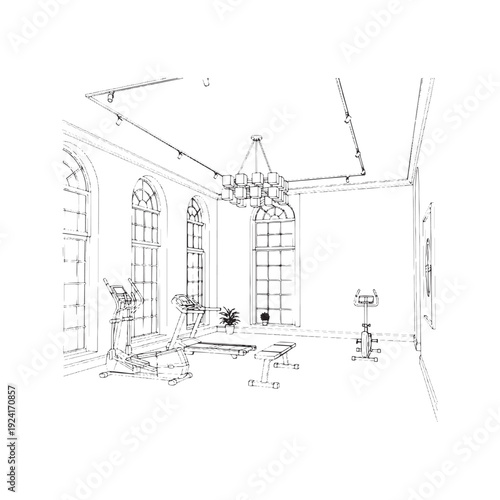 Luxury Home Gym Interior with Exercise Equipment Coloring Page Vector Illustration
