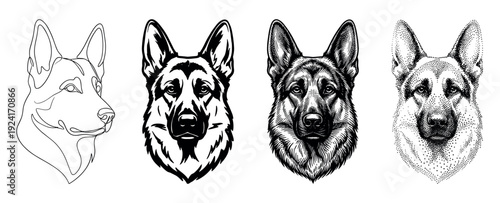 German Shepherd dog head portrait collection featuring four distinct black and white artistic interpretations: minimalist line drawing, high-contrast stencil, vintage engraving, and dotwork