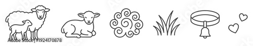 Set of black line art icons depicting a mother sheep with her lamb, a lying lamb, wool, grass, a bell collar, and hearts, representing farming and livestock themes