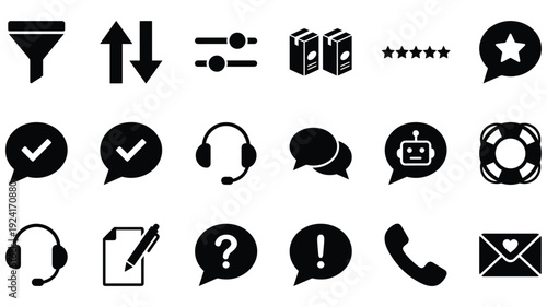Set of 18 Black Customer Service and Communication Icons Vector
