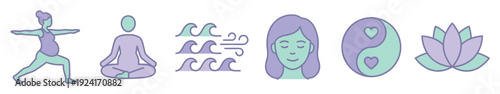 Set of pastel wellness icons for yoga and meditation featuring a pregnant woman, lotus pose, breathing symbols, a calm face, yin yang, and a lotus flower