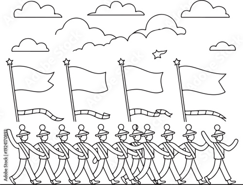 A simple line drawing depicting a parade of marching people carrying flags on poles with clouds