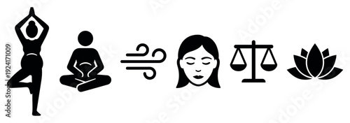 Set of black wellness and balance icons showing a pregnant woman in a yoga pose, meditation, breath, a calm face, scales, and a lotus flower for mindfulness concepts