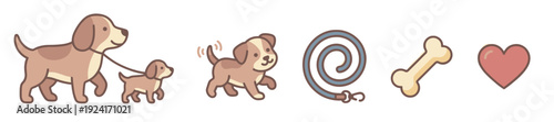Cute set of dog and puppy icons showing a mother and baby walking on a leash, a playful canine, a bone, a heart, and a coiled lead in a minimal flat cartoon style