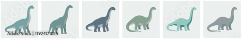 Collection of six minimalist sauropod dinosaur illustrations in a row, featuring a cute character in a flat vector style with a muted pastel color palette