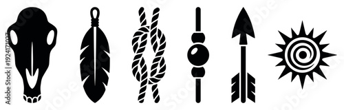 Collection of black tribal silhouette icons including an animal skull, feather, rope knot, beaded amulet, arrow, and a stylized sun symbol for ethnic design