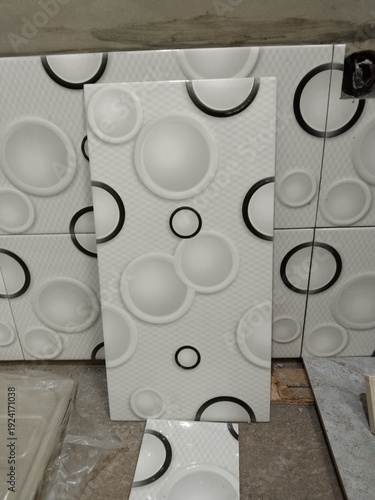 Modern Circle Pattern Ceramic Tile, Abstract Geometric Design, White and Black