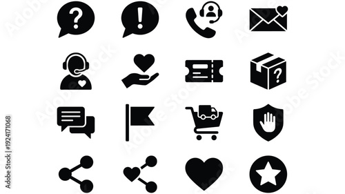 Set of 16 Black Customer Service and Shopping Vector Icons