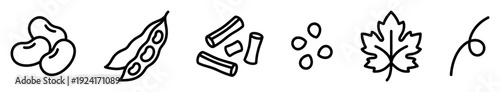 Set of hand-drawn food ingredient icons featuring beans, a pod, pasta, seeds, a leaf, and a tendril, illustrated in a simple black and white minimalist line art style
