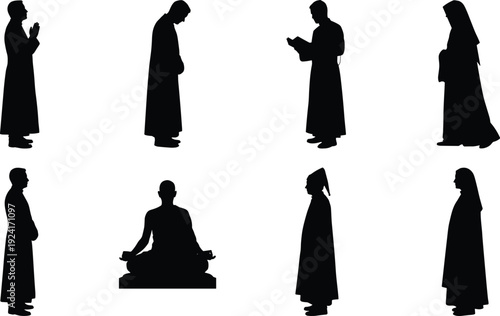 Set of religious people silhouettes praying and meditating, collection of monks and nuns isolated on white background, spirituality and faith concept