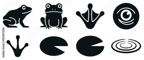 Set of black frog-related icons including a sitting amphibian, webbed footprints, a lily pad, an eye, and water ripples in a minimalist vector glyph style