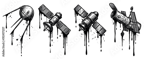 Set of four space satellites illustrated in a black ink graffiti style with a melting, dripping effect and detailed cross-hatching for a grunge, urban aesthetic