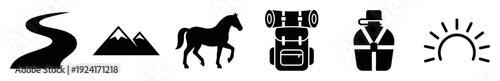 Set of six black travel icons including a road, mountains, horse, backpack, canteen, and sun, representing outdoor adventure and exploration in a minimalist graphic style
