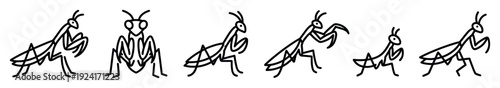 Set of six praying mantis icons drawn in a minimalist black line art style, showing the insect in various poses and from different angles for a simple graphic design