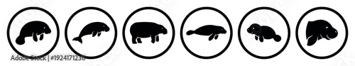 Six black manatee silhouette icons in circles showing various poses of the aquatic mammal in a minimalist graphic style for a logo or pictogram collection