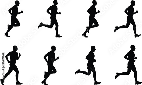 Set of running man silhouettes in side view, collection of male jogger poses isolated on white background, fitness training and healthy lifestyle concept