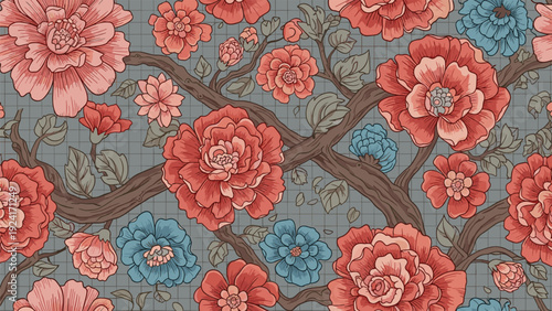 Exquisite seamless floral pattern showcasing large red and blue flowers with dense branches over a gray grid background, inspired by vintage art.