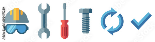 Set of flat design construction icons including a hard hat, wrench, screwdriver, bolt, refresh symbol, and checkmark, representing repair, maintenance, and project completion