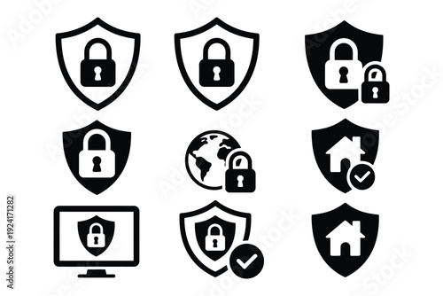 Cyber security shield icons collection with padlock, keyhole, check mar, globe, and house symbols, vector illustrations representing information security, network , data privacy, antivirus 