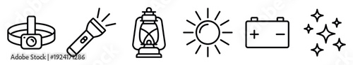 Set of black line icons representing light sources and power, including a headlamp, flashlight, lantern, sun, battery, and sparkles in a simple minimalist vector illustration style