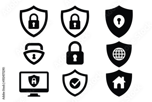 Cybersecurity shield icons collection with padlock, keyhole, check mar, globe, and house symbols, vector illustrations representing protection, data privacy, antivirus, network defence, security 