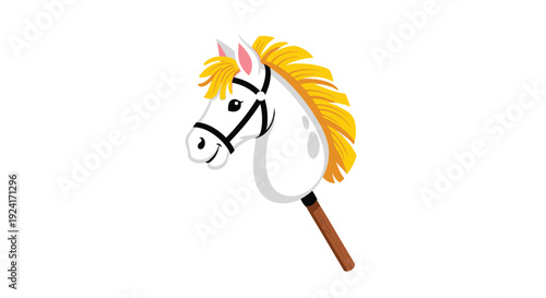 Classic children's hobby horse toy with a white head, bright yellow mane, and bridle, isolated on a white background.