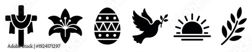 Set of black Christian Easter icons featuring a cross, lily, decorated egg, dove, rising sun, and palm frond presented in a clean, minimalist graphic silhouette style
