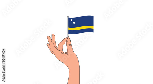 Small flag of Curacao held delicately between the fingers of a hand, isolated on a clean white background illustration.