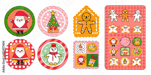 Festive christmas stickers and badges with winter holiday characters