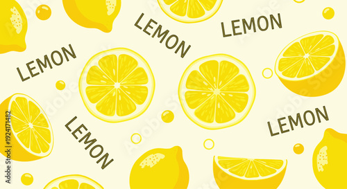 Bright and refreshing seamless pattern with whole and sliced yellow lemons and bubbles on a light, cheerful background.