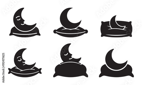 Collection of six stylized crescent moon icons sleeping on pillows
