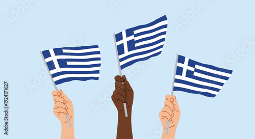 Diverse hands holding and waving the national flag of Greece, celebrating a Greek national holiday or sporting event.