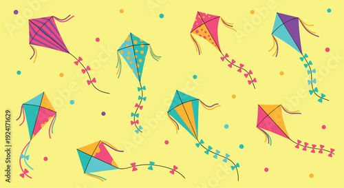 Whimsical pattern of colorful kites gracefully floating across a bright yellow sky dotted with vibrant confetti for a playful design.