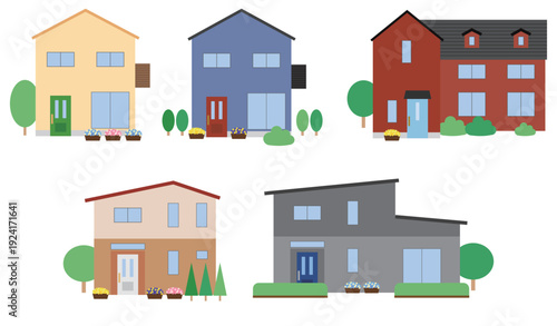 カラフルな一戸建てのイラストセット