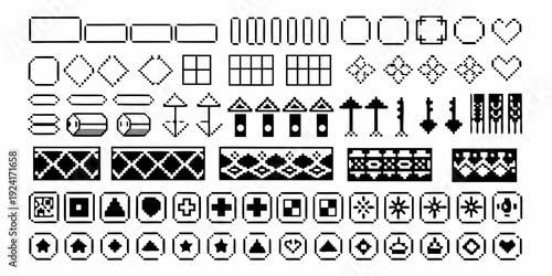 Collection of pixelated geometrical shapes and symbols in black and white