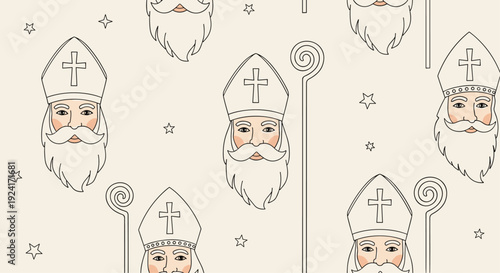 Seamless pattern celebrates the Sinterklaas tradition with line-art illustrations of Saint Nicholas's face and his pastoral crosier.
