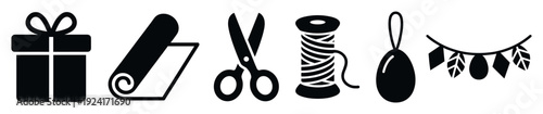Set of black gift wrapping icons including a present, paper, scissors, twine, tag, and garland in a minimalist graphic style for holiday and celebration concepts