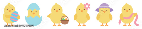 Set of six cute yellow chicks celebrating the spring holiday with decorated eggs, a basket, a flower, a hat, and a ribbon in a charming flat vector illustration style