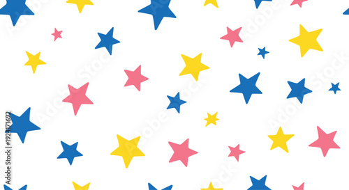 Cheerful seamless pattern features a playful scattering of hand-drawn stars in bright primary colors of blue, yellow, and pink.