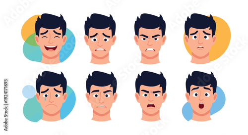 Collection of eight distinct facial expressions on a young man's face showcases a wide range of human emotions for character design.