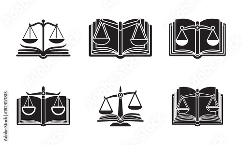 Six icons depicting scales of justice and open books representing law