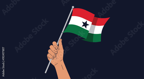 Human hand proudly holds the national flag of Ghana, which is waving against a dark background in a symbolic vector illustration.