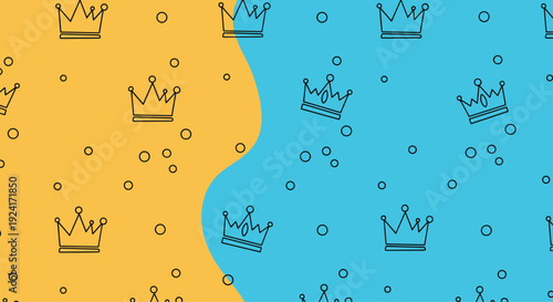 Modern background is split with a wavy line into yellow and blue sections, both covered in a seamless pattern of hand-drawn crowns.