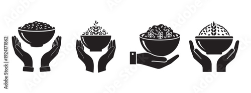 Four black icons of hands holding bowls of grains and plants, representing agriculture