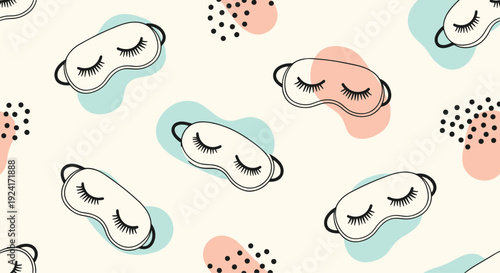 Stylish seamless pattern features cute sleeping masks with long eyelashes, set against a background of abstract pastel shapes and dots.