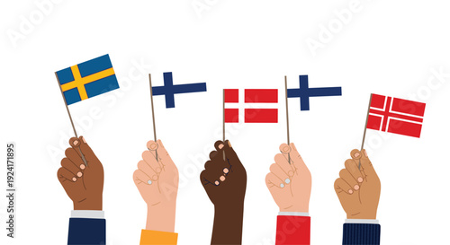 Diverse hands hold up the flags of Nordic countries, including Sweden, Finland, and Denmark against a clean white background.